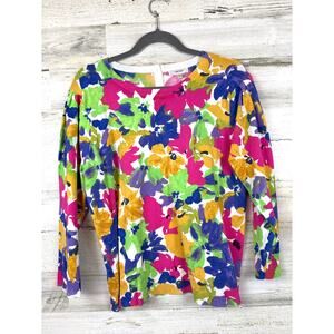 Tyler Boe Womens L Multi Floral Crew Neck Lightweight Knit Sweater Casual Top